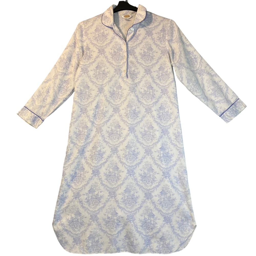 Talbots Nightshirt Women's Medium Blue White Toile Cotton Long‎ Sleeve Sleep EUC